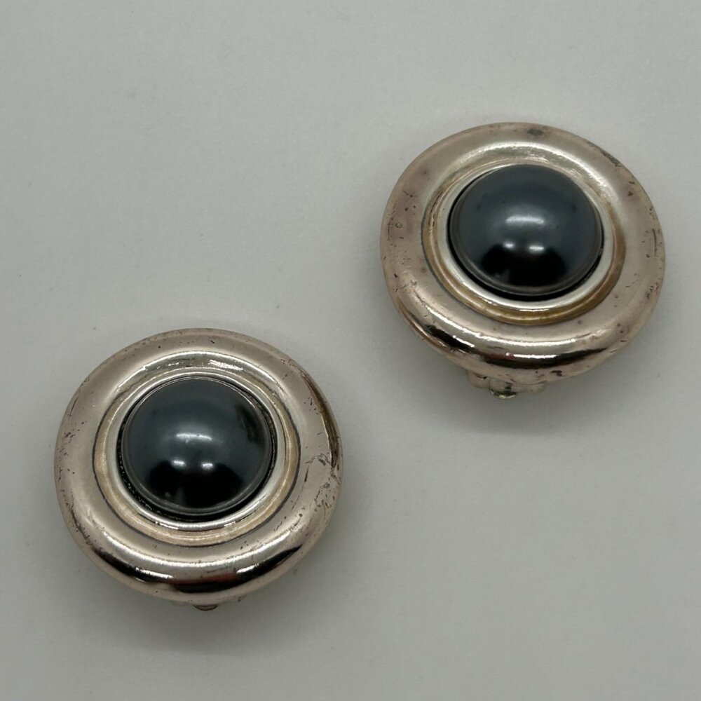 Vintage Carolee Clip-on Earrings Silver-tone Faux Black Pearl Button Modernist - Picture 5 of 14